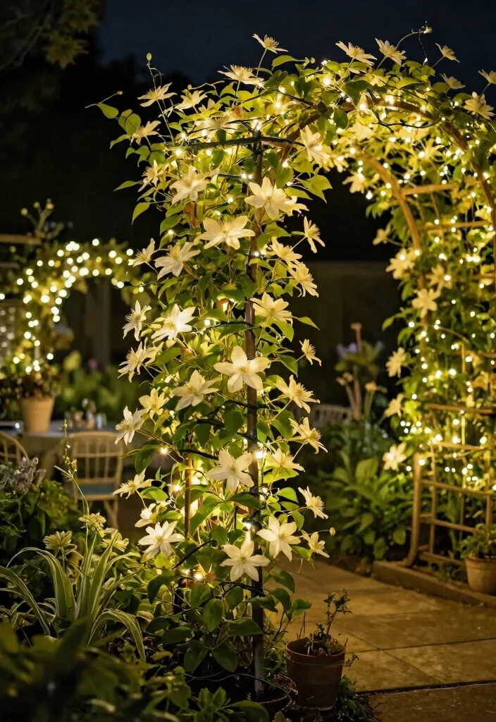 15 Clematis Trellis 2026 Trending Ideas With Blooming Beauty - 14. Trellis with Fairy Lights 1