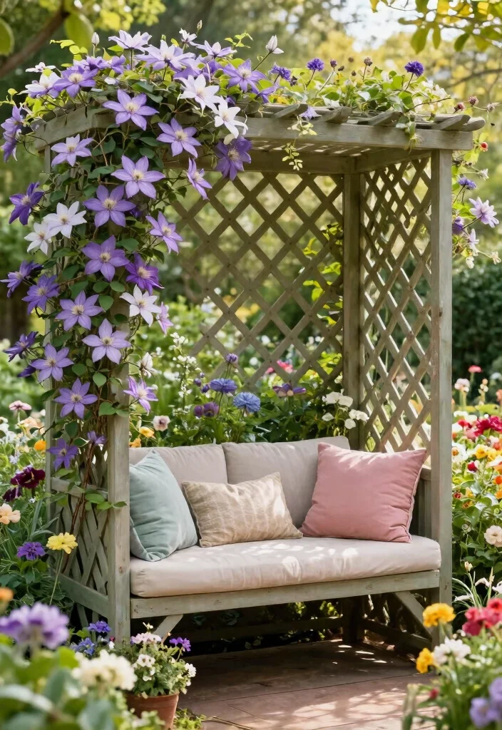 15 Clematis Trellis 2026 Trending Ideas With Blooming Beauty - 7. Trellis with Integrated Seating 1
