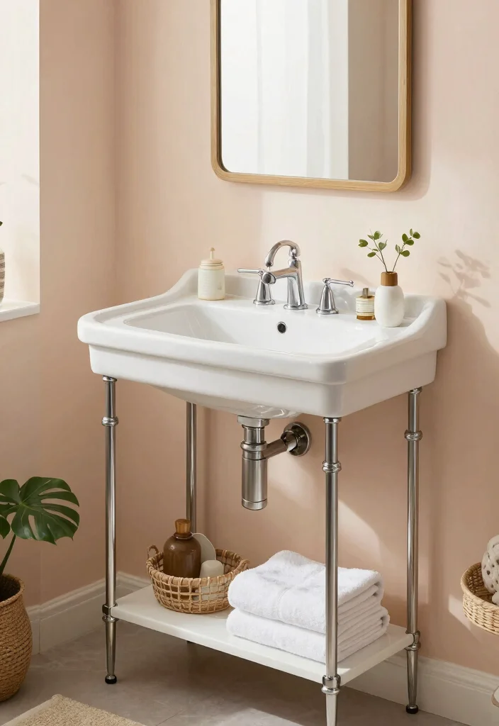 15 Farmhouse Bathroom Sink Ideas With Vintage Touch - 10. Retro Chic Console Sink 1