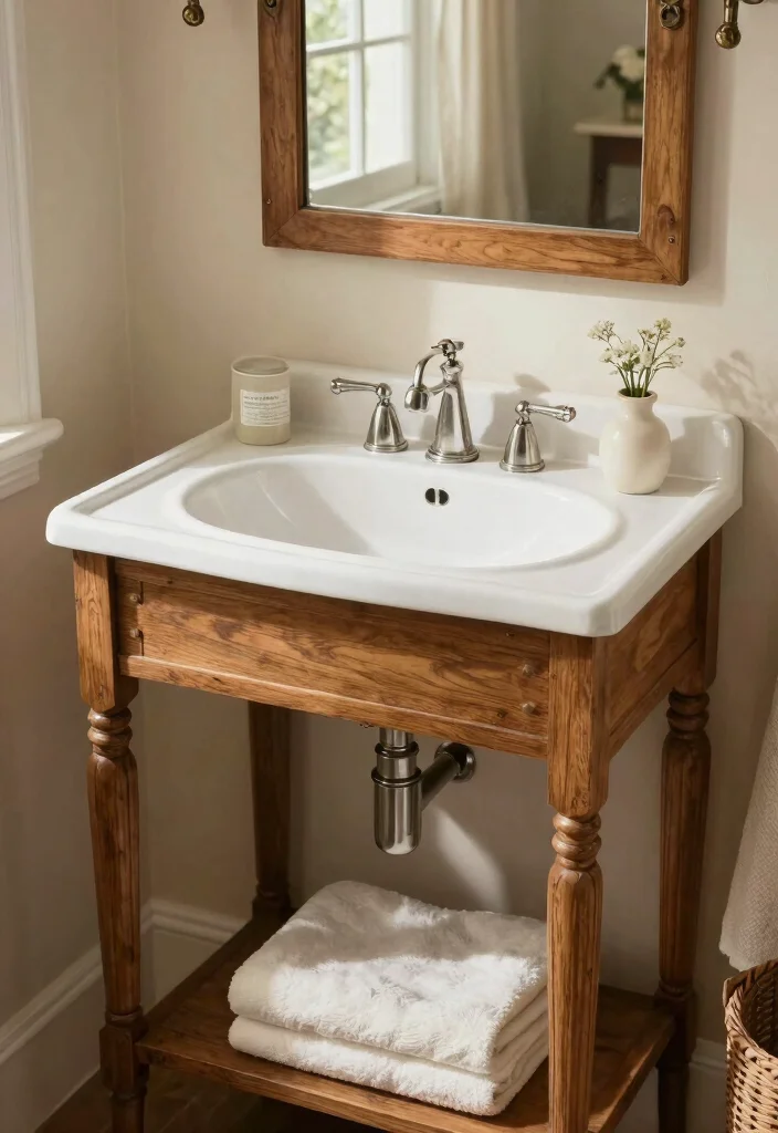 15 Farmhouse Bathroom Sink Ideas With Vintage Touch - 14. Antique Washstand Sink 1