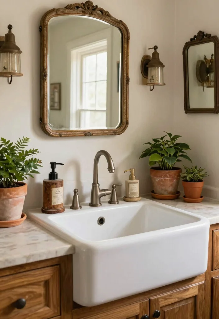 15 Farmhouse Bathroom Sink Ideas With Vintage Touch - 15. Vintage Farmhouse Sink with Accessories 1