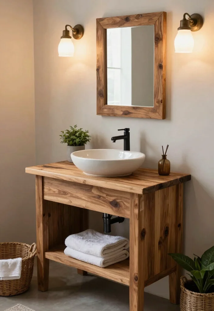15 Farmhouse Bathroom Sink Ideas With Vintage Touch - 3. Reclaimed Wood Sink Vanity 1