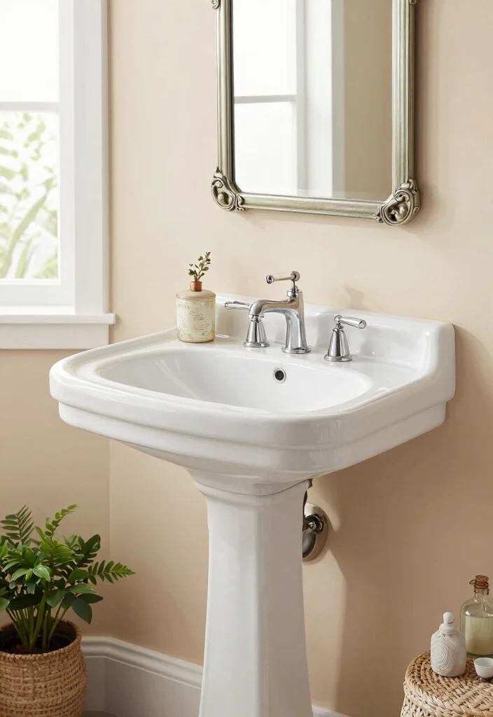 15 Farmhouse Bathroom Sink Ideas With Vintage Touch - 4. Pedestal Sink with Vintage Flair 1