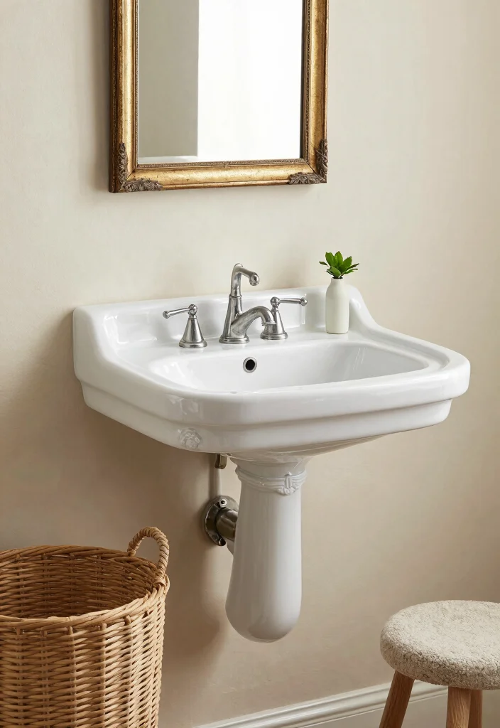 15 Farmhouse Bathroom Sink Ideas With Vintage Touch - 6. Wall-Mounted Sink with Vintage Appeal 1