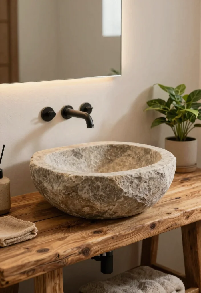 15 Farmhouse Bathroom Sink Ideas With Vintage Touch - 7. Rustic Stone Sink 1