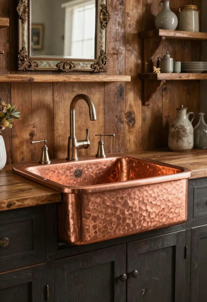 15 Farmhouse Bathroom Sink Ideas With Vintage Touch - 9. Farmhouse Style Copper Sink 1