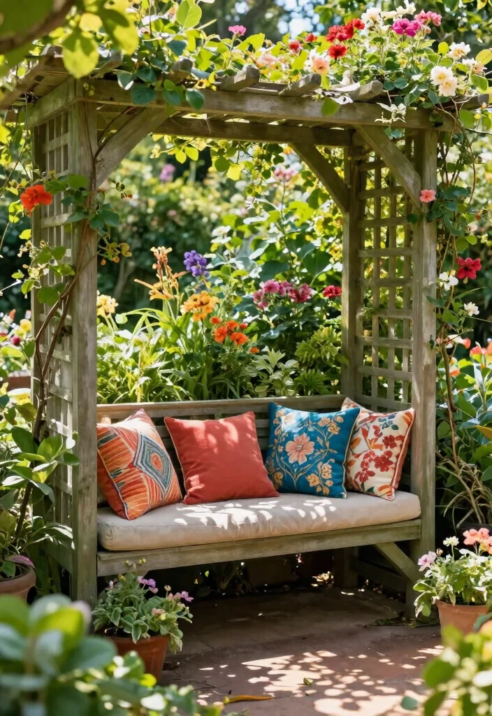 15 Fence Trellis Ideas With Vertical Garden Charm - 13. Trellis with Built-in Seating 1