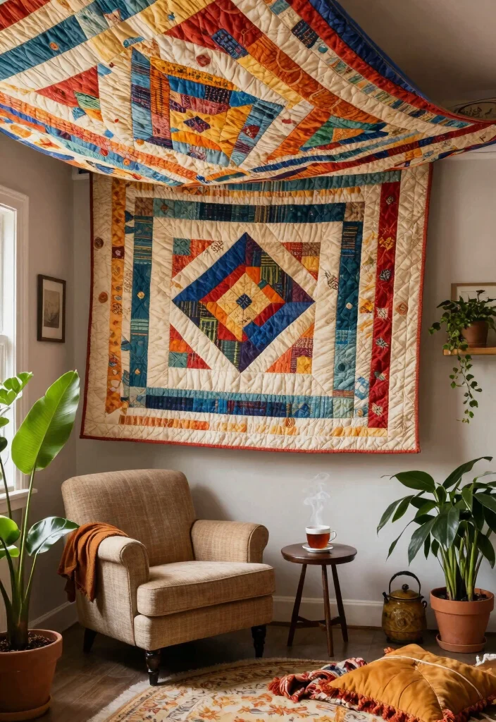 15 Hanging Fabric From Ceiling Ideas With Dreamy Vibes 6 15 Hanging Fabric From Ceiling Ideas With Dreamy Vibes - 6. Vintage Quilts as Ceiling Art 1