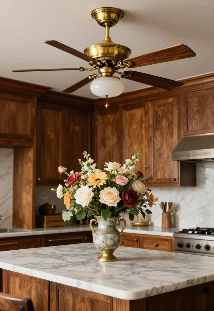 15 Kitchen Ceiling Fan Ideas That Blend Style & Function - 4. Antique Brass Elegance 1