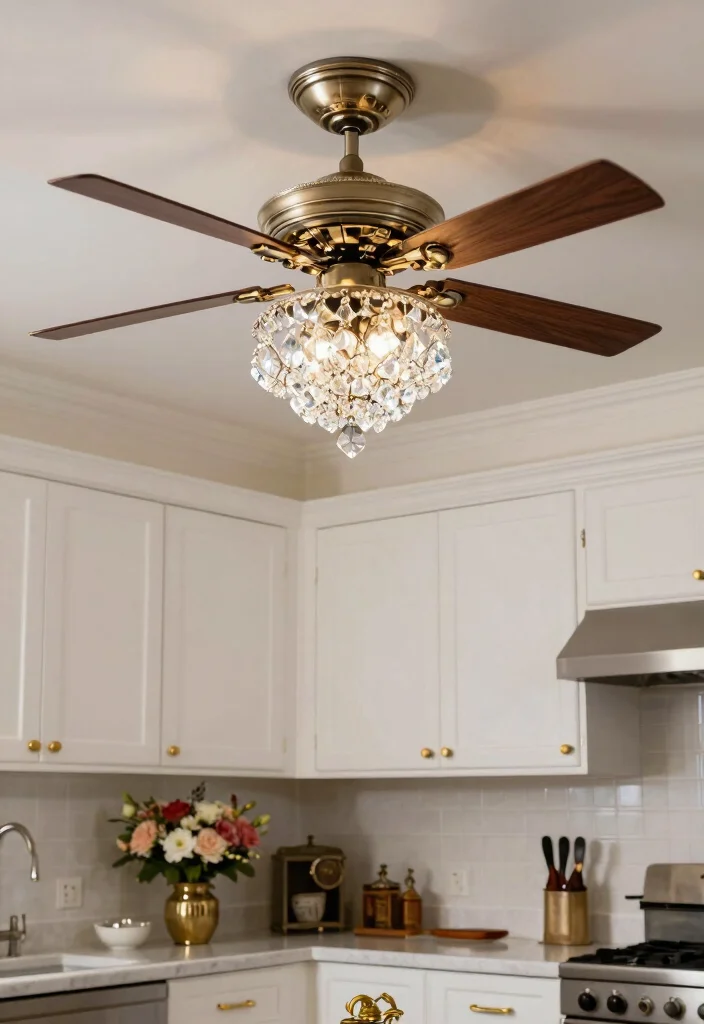15 Kitchen Ceiling Fan Ideas That Blend Style & Function - 6. Vintage Style with Crystal Accents 1