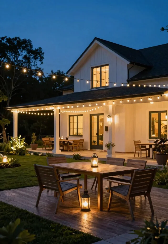 15 Modern Farmhouse Outside Ideas With Fresh Curb Appeal - 5. Creative Outdoor Lighting 1