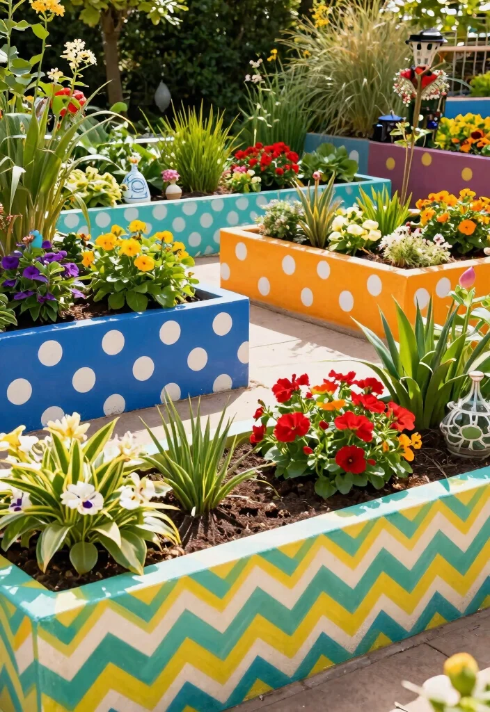 15 Painted Raised Garden Beds Ideas With Pop of Color - 10. Funky Patterned Designs 1