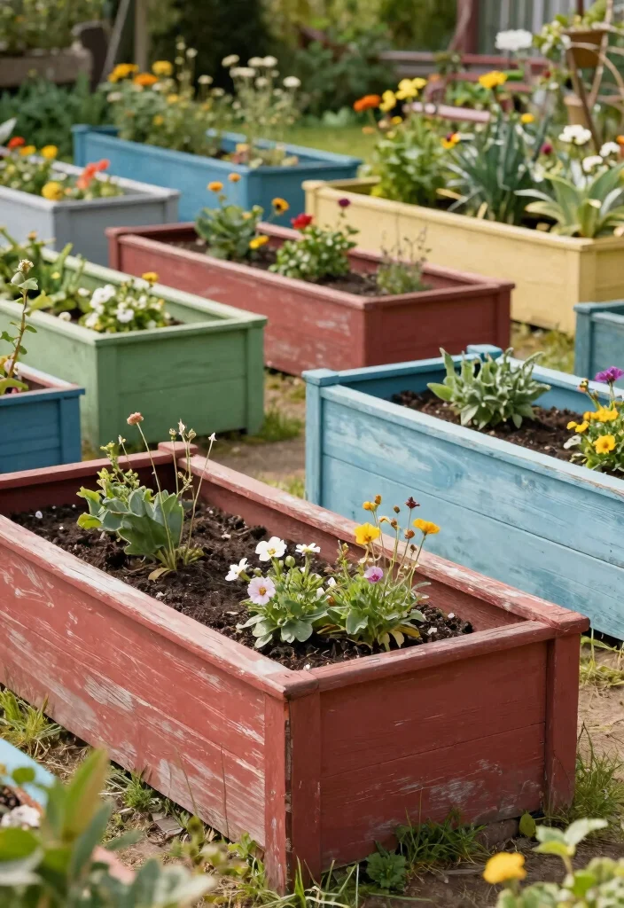 15 Painted Raised Garden Beds Ideas With Pop of Color - 8. Rustic Multi-color Charm 1
