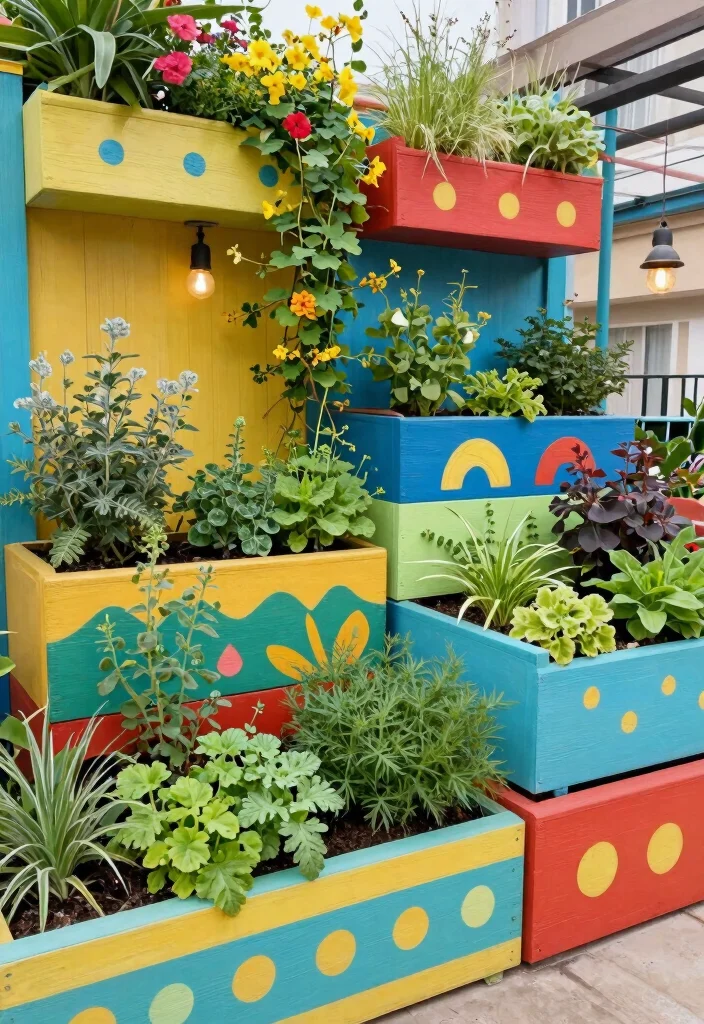 15 Painted Raised Garden Beds Ideas With Pop of Color - 9. Creative Vertical Designs 1