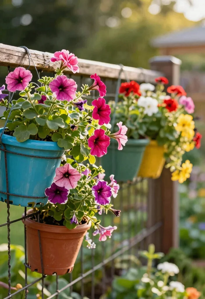 15 Wire Fence Decorating Ideas With Creative Touch - 1. Hanging Flower Pots 1