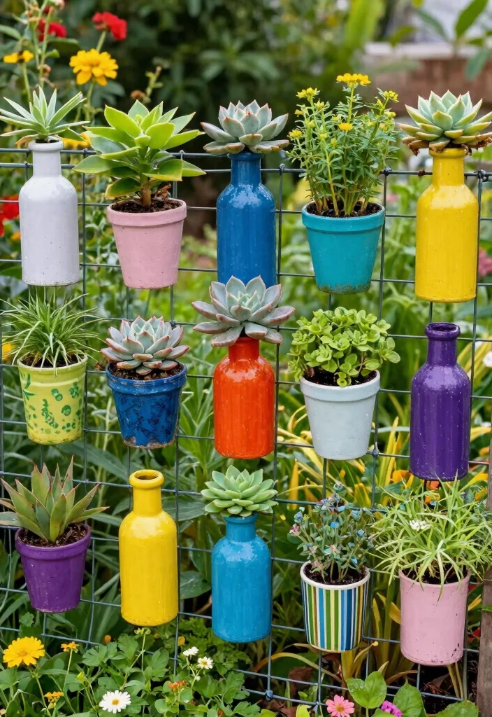15 Wire Fence Decorating Ideas With Creative Touch - 14. Recycled Bottle Planters 1