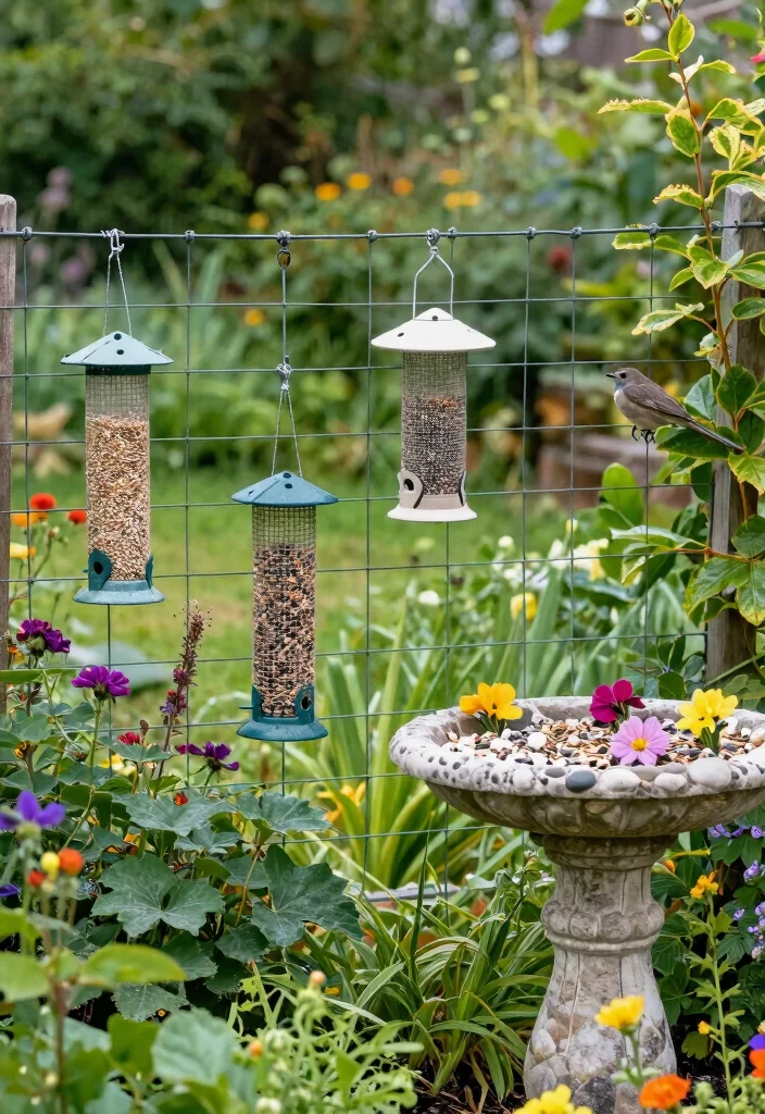 15 Wire Fence Decorating Ideas With Creative Touch - 15. Bird Feeders and Baths 1