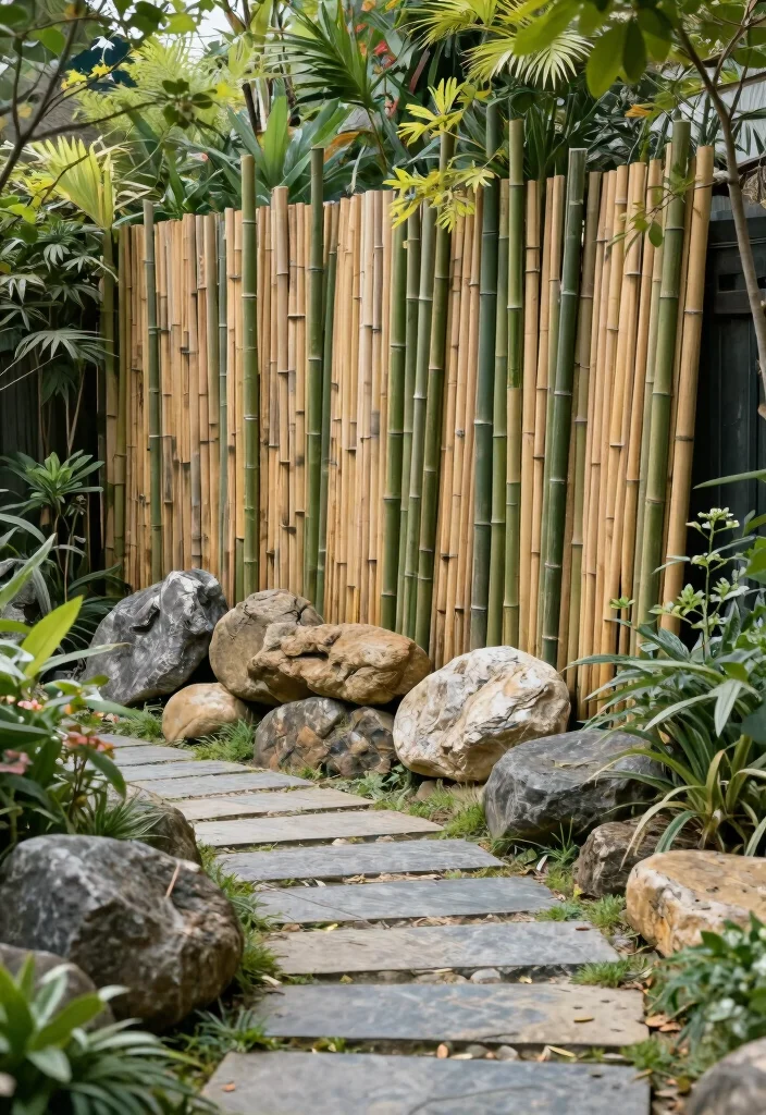 16 Bamboo Fence Ideas With Natural Privacy - 10. Layered Bamboo and Natural Stone 1