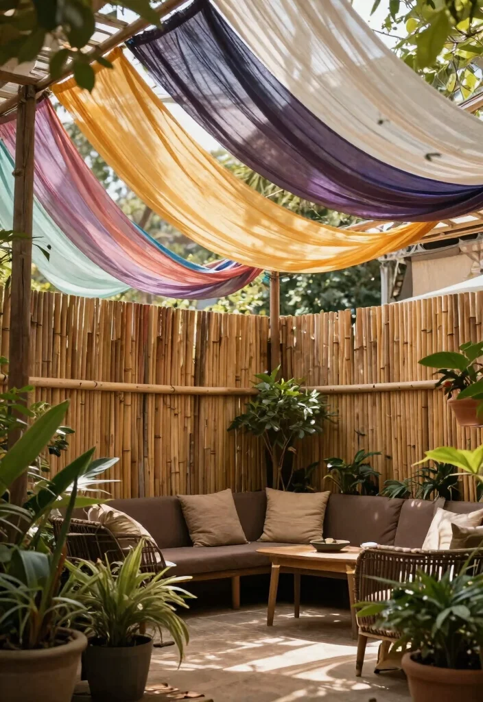 16 Bamboo Fence Ideas With Natural Privacy - 12. Bamboo and Fabric Combination Fencing 1