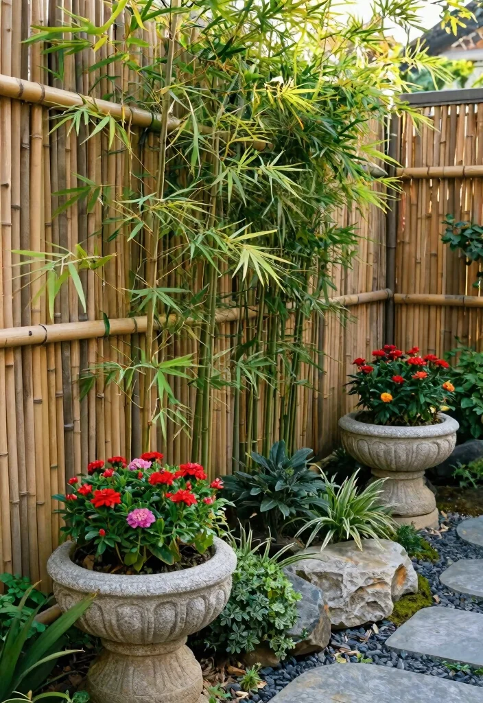 16 Bamboo Fence Ideas With Natural Privacy - 13. Bamboo Fencing with Stone Planters 1