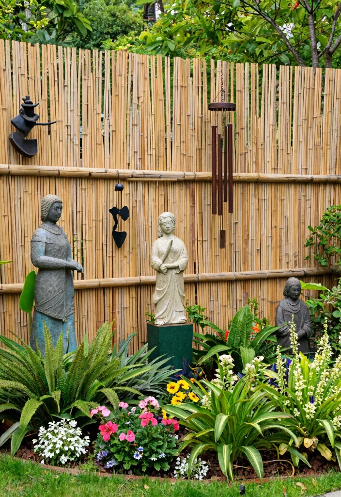 16 Bamboo Fence Ideas With Natural Privacy - 14. Bamboo Fencing with Outdoor Art Features 1