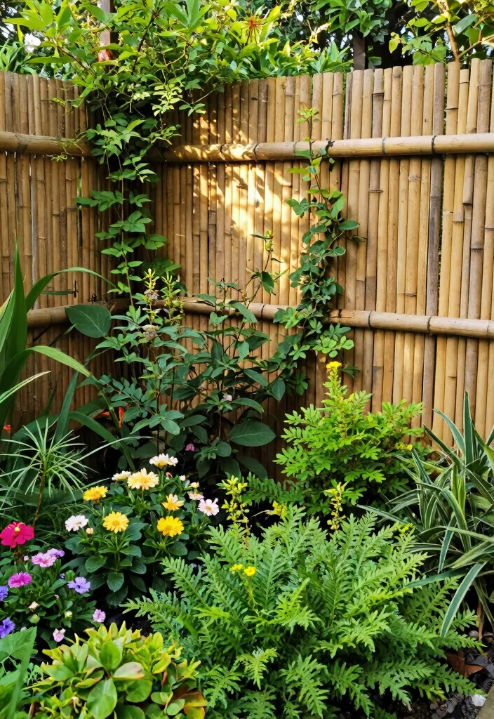 16 Bamboo Fence Ideas With Natural Privacy - 3. Bamboo Garden Fencing with Greenery 1