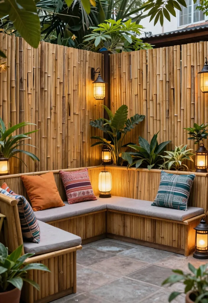16 Bamboo Fence Ideas With Natural Privacy - 7. Bamboo Fence with Built-In Seating 1