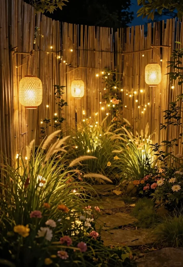 16 Bamboo Fence Ideas With Natural Privacy - 8. Vertical Bamboo Fencing with Lanterns 1