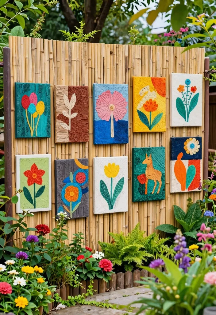 16 Bamboo Fence Ideas With Natural Privacy - 9. Bamboo Fencing with Colorful Artwork 1