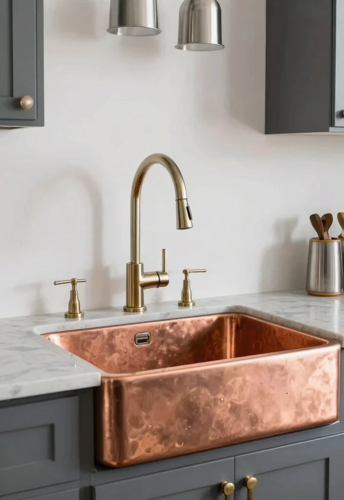 16 Copper Farmhouse Sink Ideas With Timeless Charm - 10. Mixing Metals for a Trendy Look 1