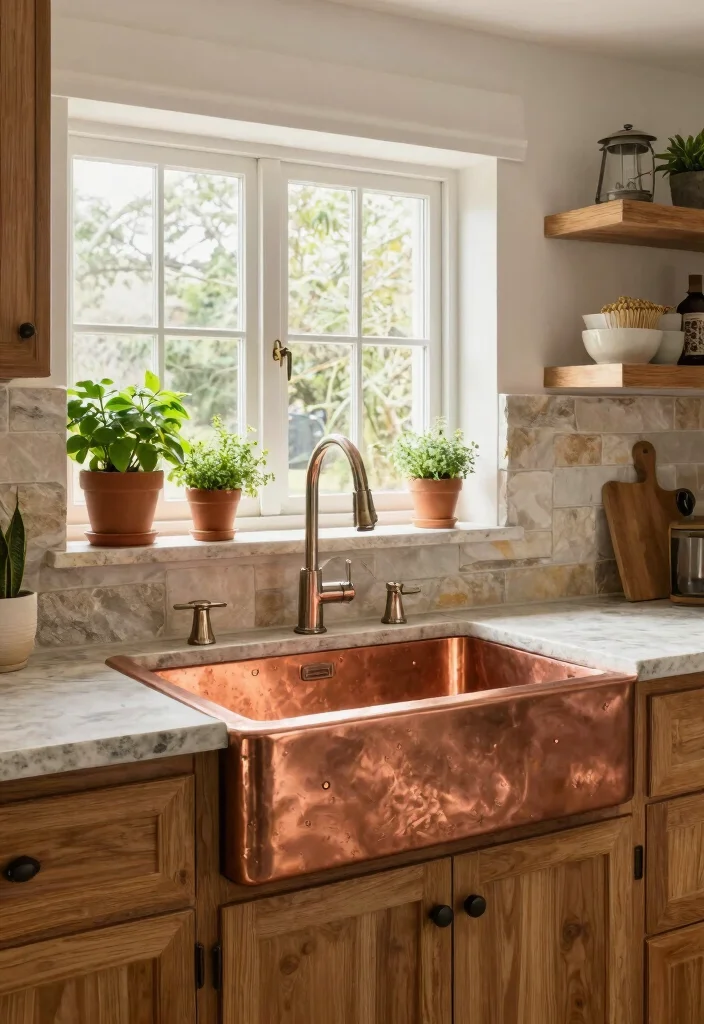 16 Copper Farmhouse Sink Ideas With Timeless Charm - 11. Nature-Inspired Decor 1