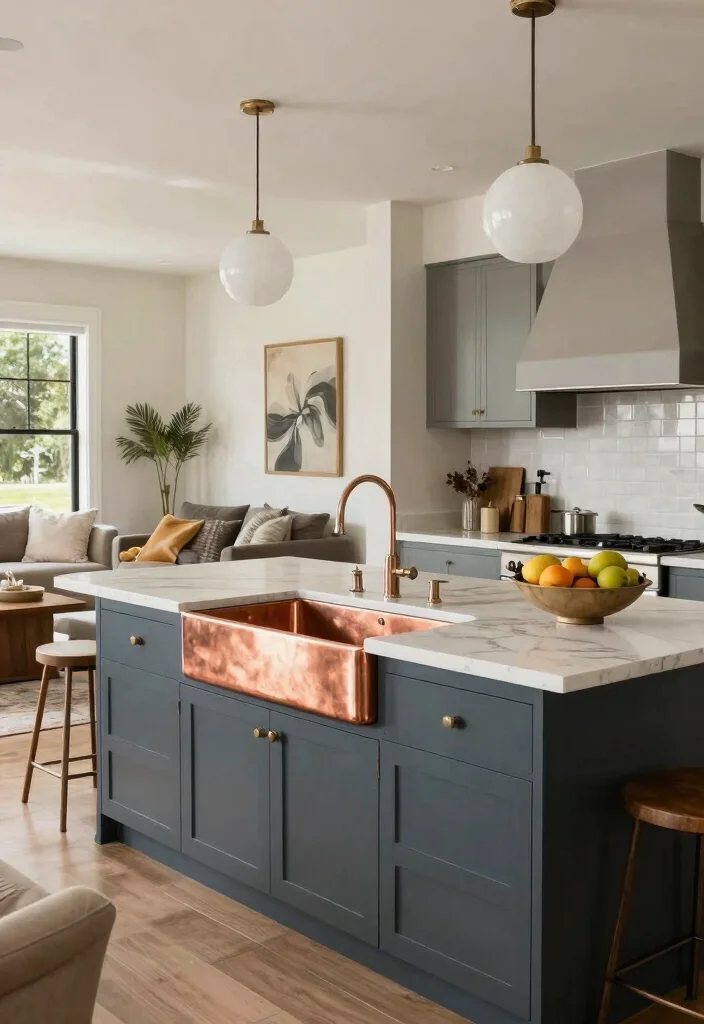 16 Copper Farmhouse Sink Ideas With Timeless Charm - 15. Open Concept Kitchen and Living Space 1