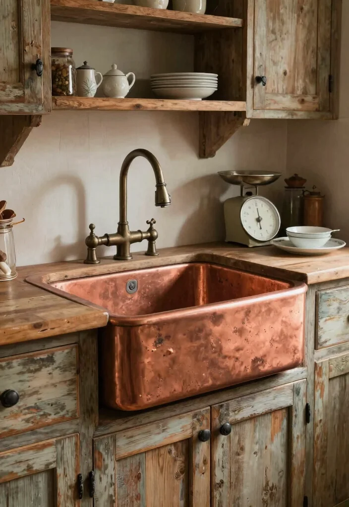 16 Copper Farmhouse Sink Ideas With Timeless Charm - 2. Vintage Charm with a Weathered Patina 1