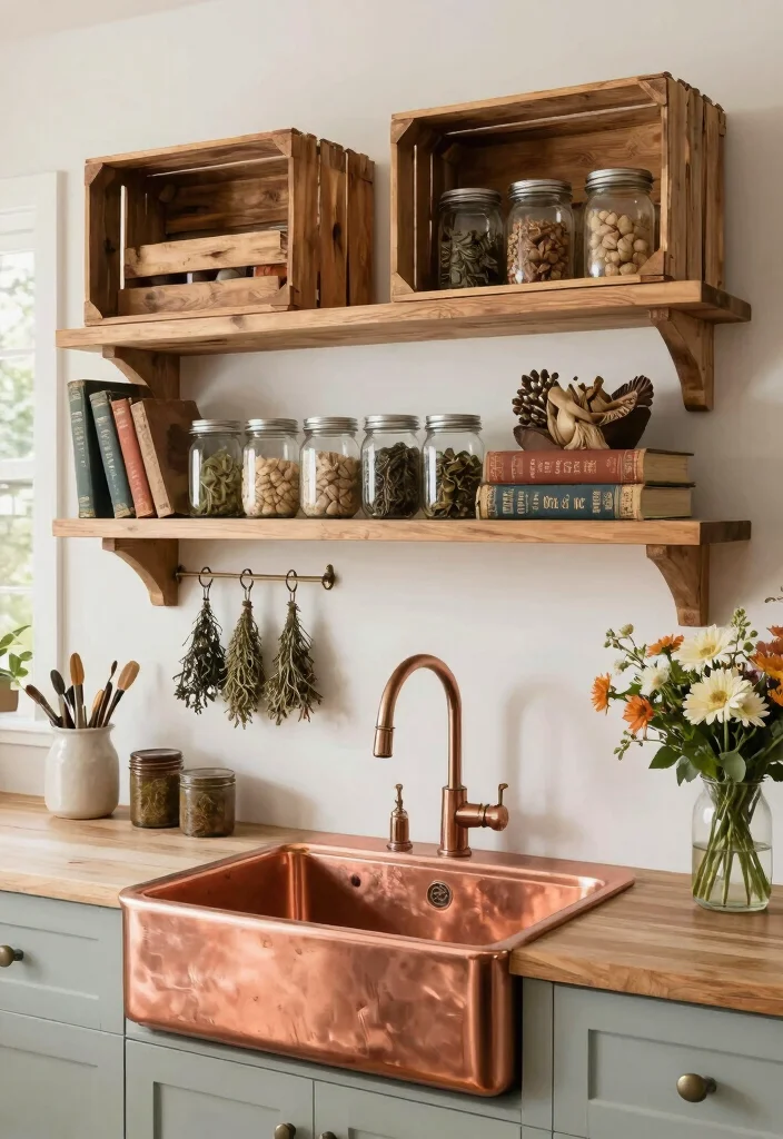 16 Copper Farmhouse Sink Ideas With Timeless Charm - 5. Farmhouse Chic with Open Shelving 1