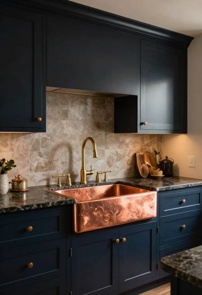 16 Copper Farmhouse Sink Ideas With Timeless Charm - 6. Rustic Elegance with Dark Hues 1