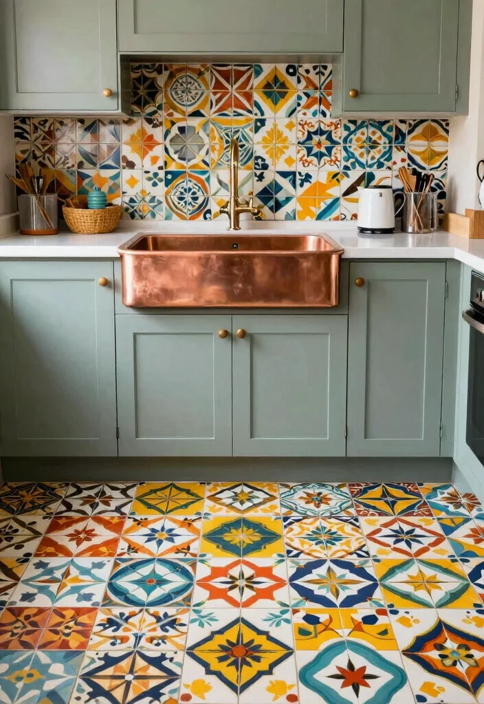 16 Copper Farmhouse Sink Ideas With Timeless Charm - 9. Bold Patterns with Copper Highlights 1