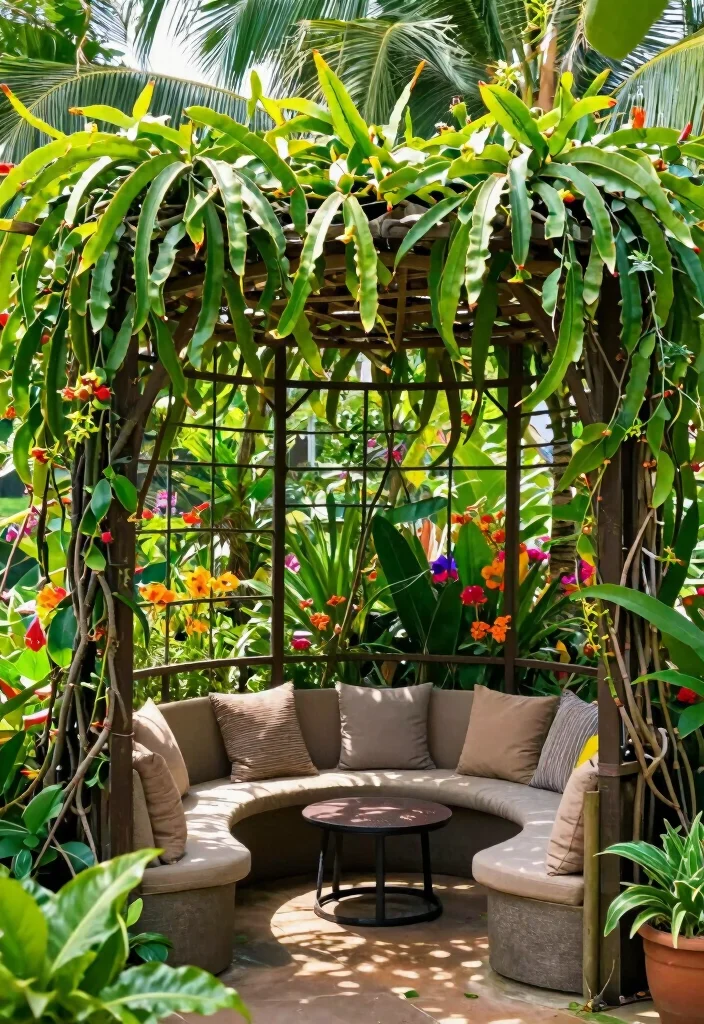 16 Dragon Fruit Trellis Ideas With Tropical Flair - 11. Trellis with Integrated Seating 1