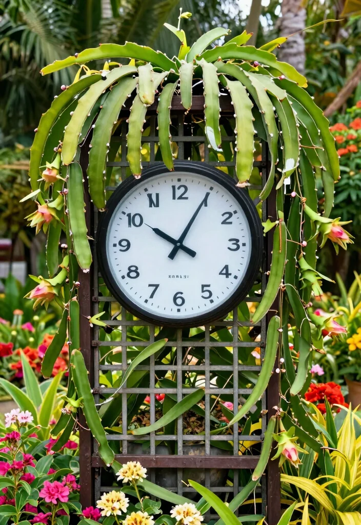 16 Dragon Fruit Trellis Ideas With Tropical Flair - 13. Trellis Garden Clock Feature 1