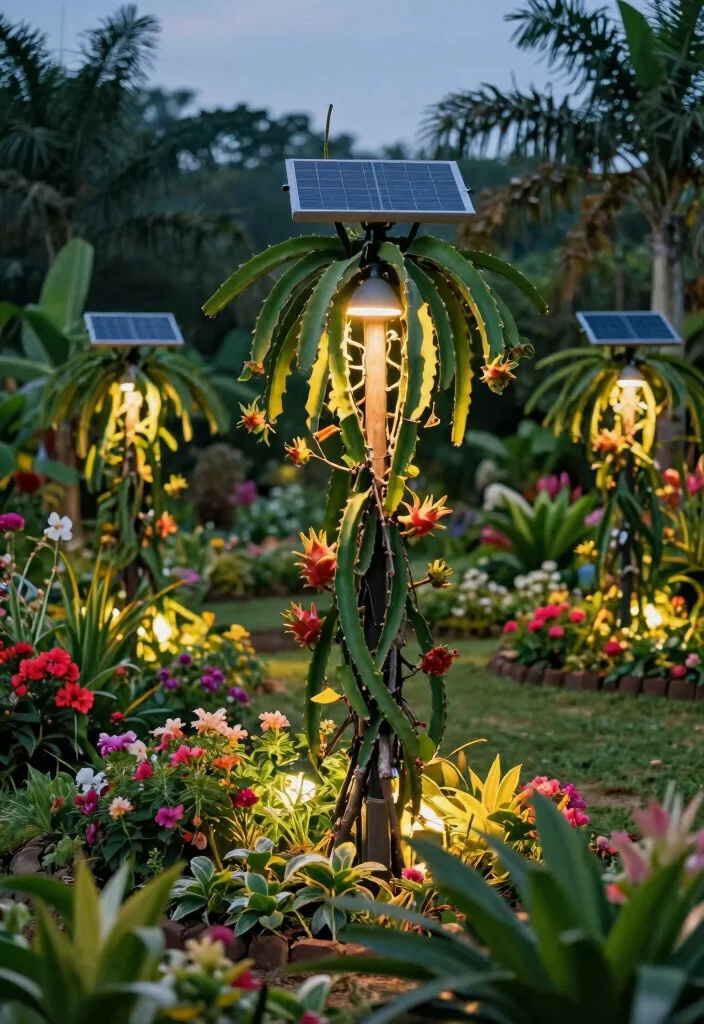 16 Dragon Fruit Trellis Ideas With Tropical Flair - 15. Solar-Powered Light Trellis 1