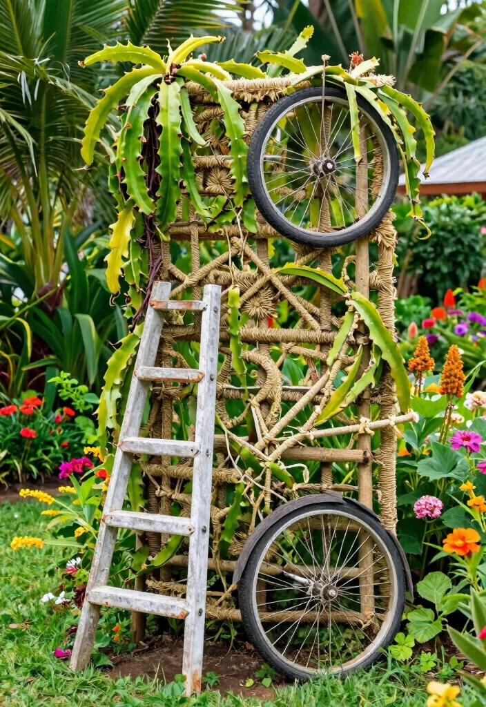 16 Dragon Fruit Trellis Ideas With Tropical Flair - 16. Recycled Material Trellis 1