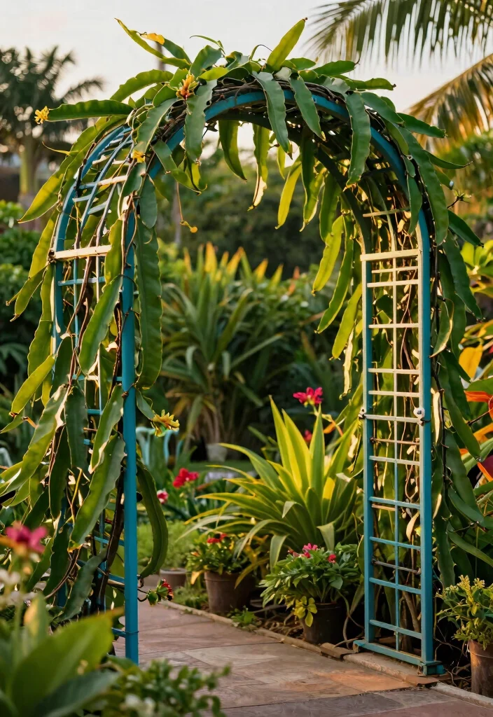 16 Dragon Fruit Trellis Ideas With Tropical Flair - 2. Elegant Metal Arch Trellis 1