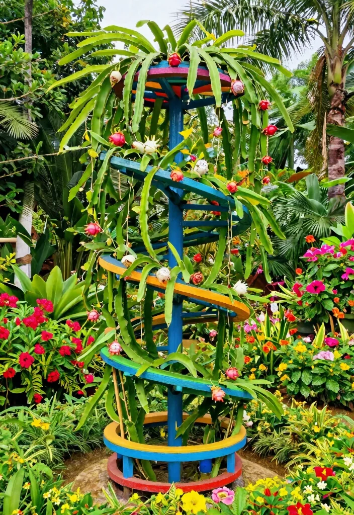 16 Dragon Fruit Trellis Ideas With Tropical Flair - 6. Whimsical Spiral Trellis 1