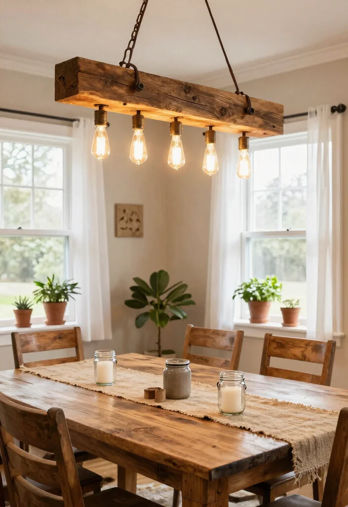 16 Farmhouse Dining Room Light Fixtures Ideas With Vintage Glow - 1. Rustic Wooden Beam Chandelier 1