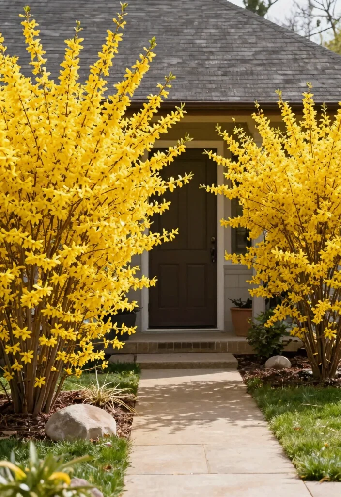 16 Front Yard Bushes Ideas With Structured Beauty - 12. Forsythia: The First Sign of Spring 1