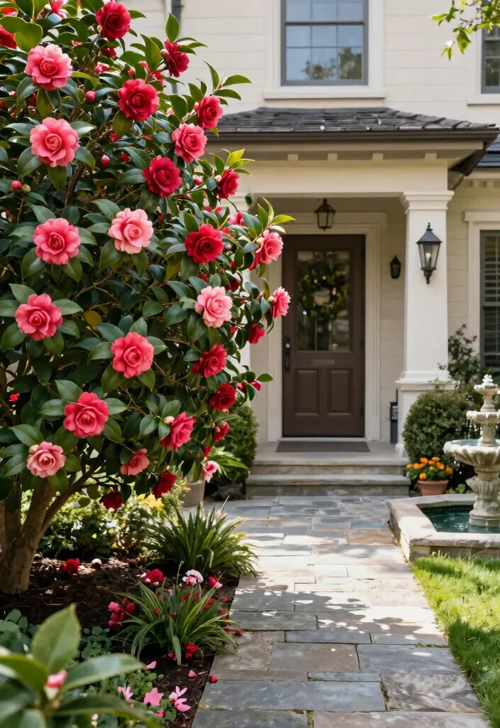 16 Front Yard Bushes Ideas With Structured Beauty - 13. Camellia: Timeless Grace 1