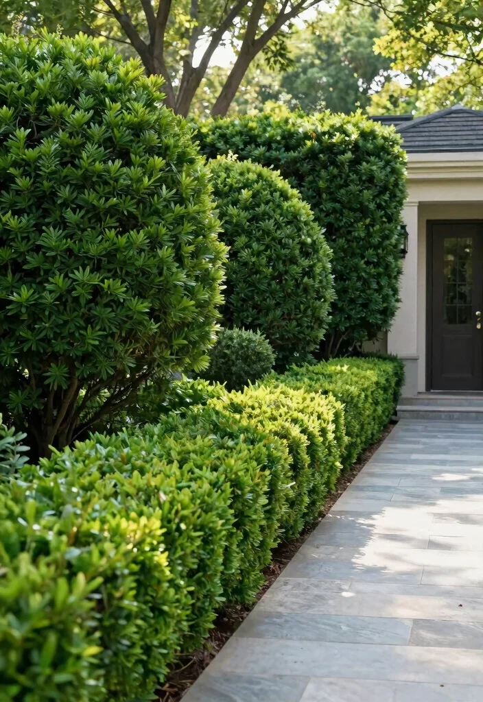 16 Front Yard Bushes Ideas With Structured Beauty - 14. Yew: An Evergreen Staple 1