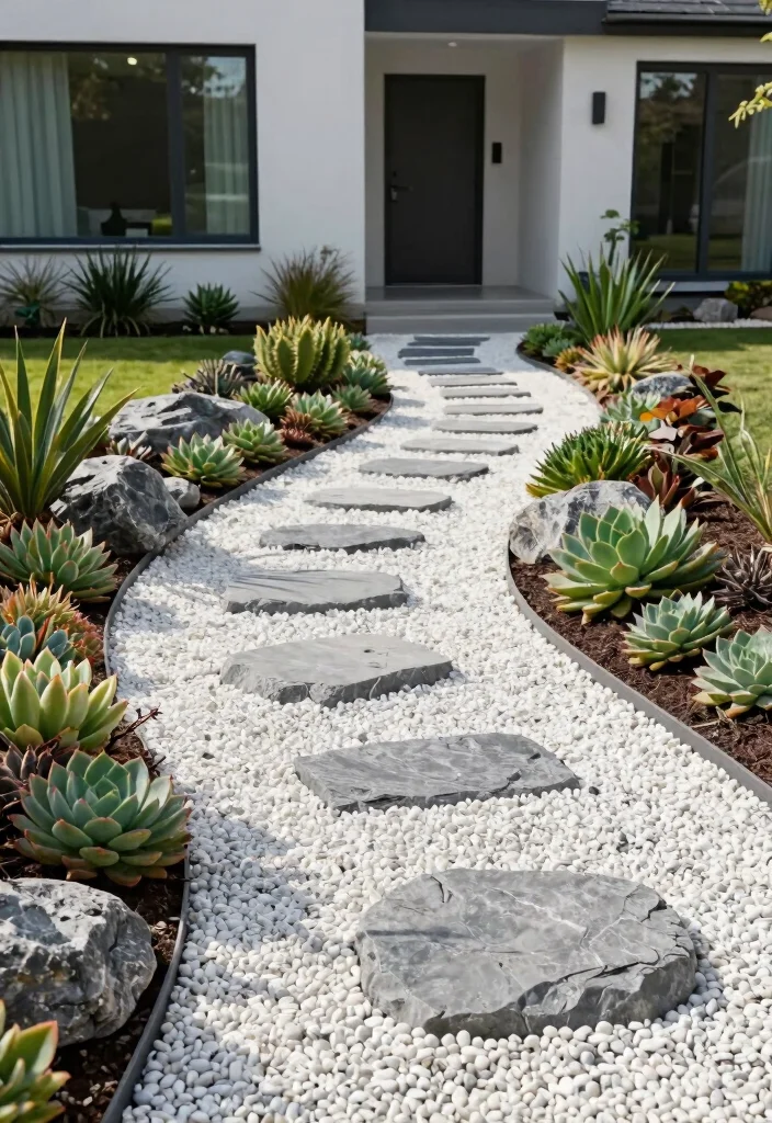 16 Front Yard No Grass Landscaping Ideas With Modern Appeal - 1. Decorative Gravel Paths 1