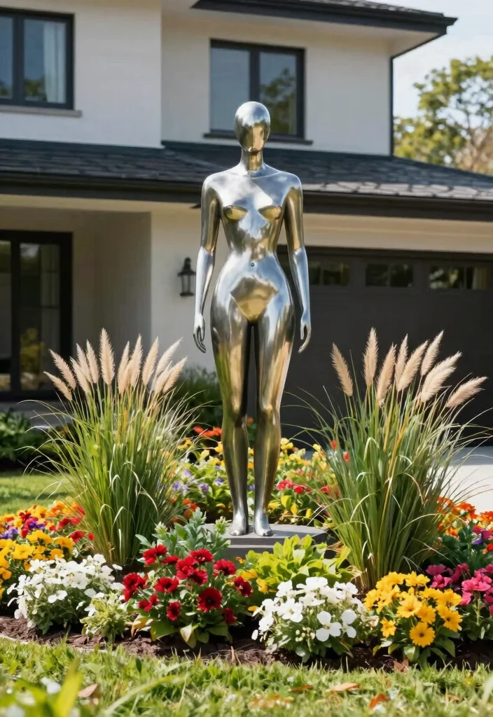 16 Front Yard No Grass Landscaping Ideas With Modern Appeal - 11. Artistic Outdoor Sculpture 1