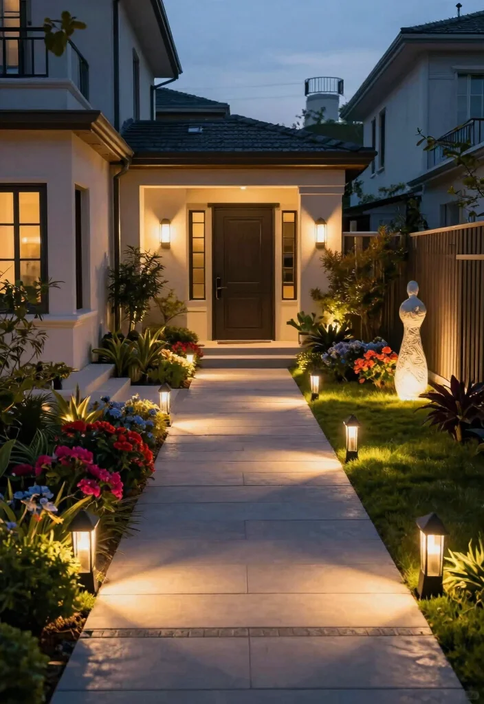 16 Front Yard No Grass Landscaping Ideas With Modern Appeal - 14. Outdoor Lighting Features 1