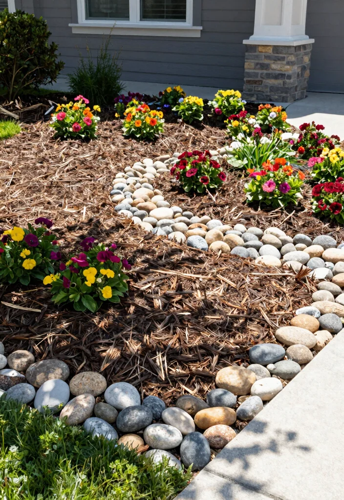 16 Front Yard No Grass Landscaping Ideas With Modern Appeal - 6. Mulch and Stone Combination 1
